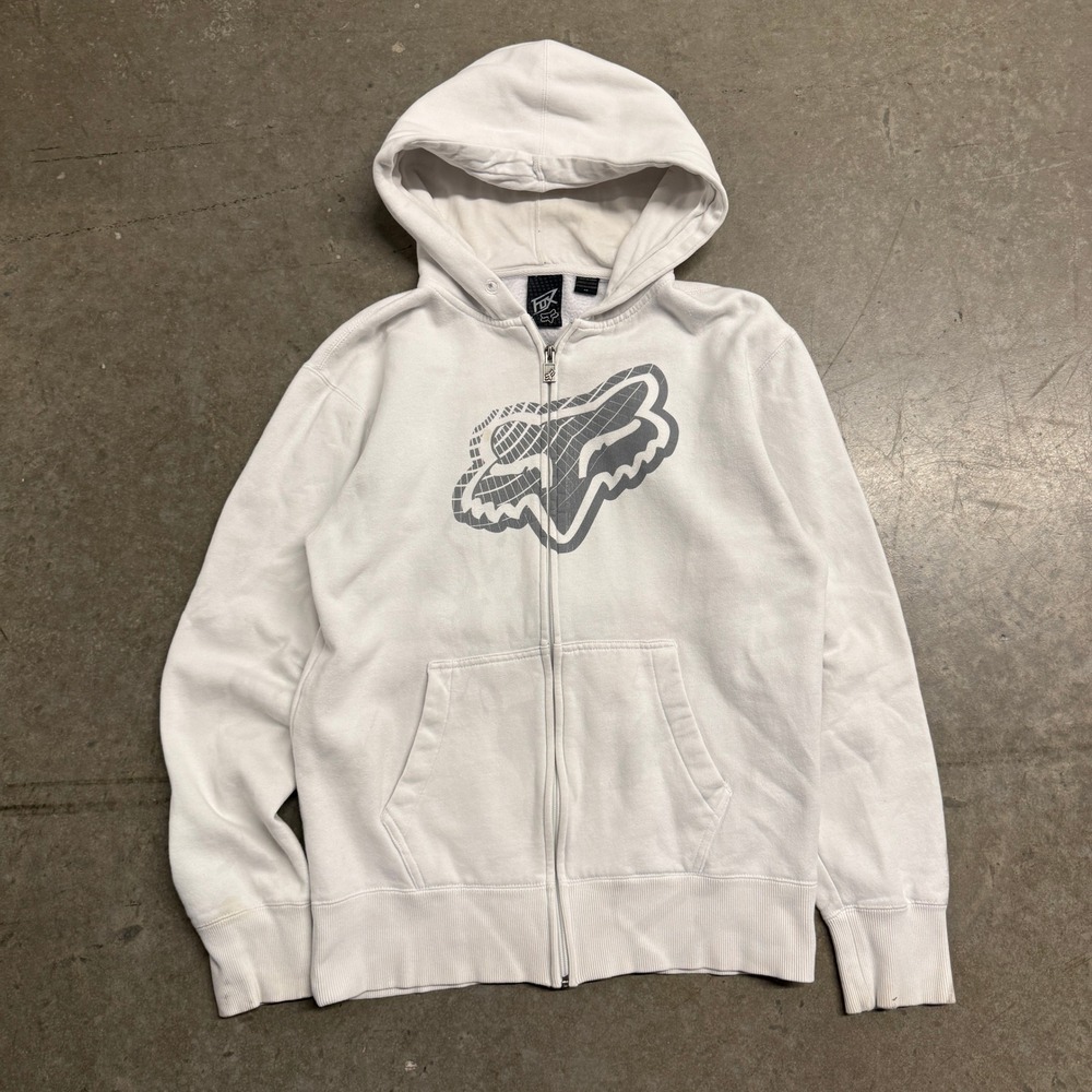 Fox Racing Mens White Zip Up Hoodie Grey Grid Logo‎ Motocross Sweatshirt Medium
